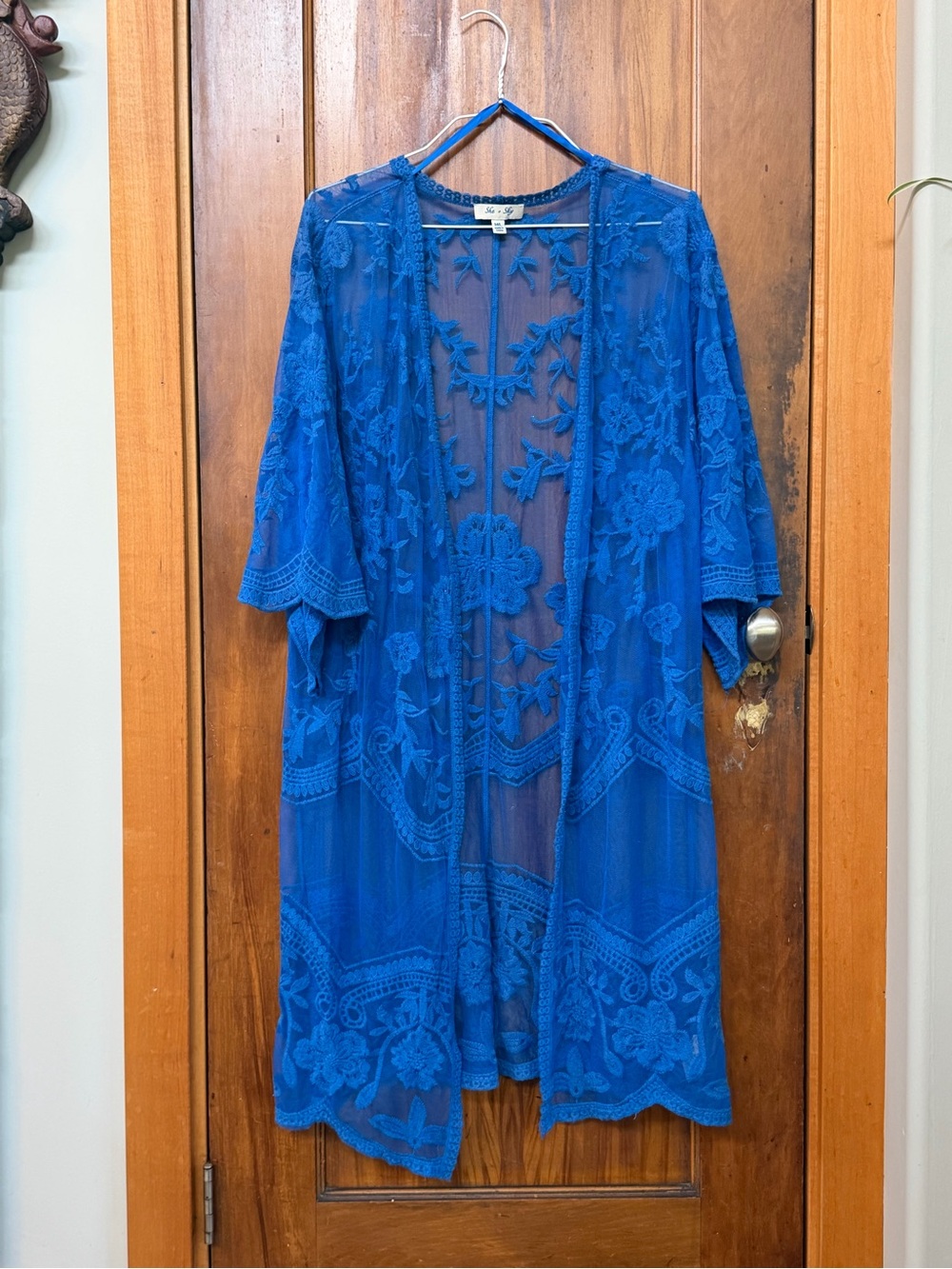 She + Sky Royal Blue Embroidered Sheer Kimono or Swim Coverup M/L